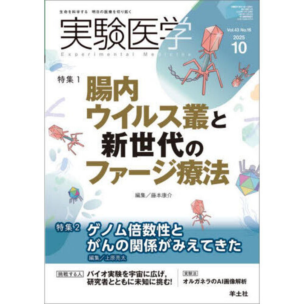 実験医学　Ｖｏｌ．４３Ｎｏ．１６（２０２５－１０）「特集１腸内ウイルス叢とファージ療法／特集２ゲノム倍数性とがん」