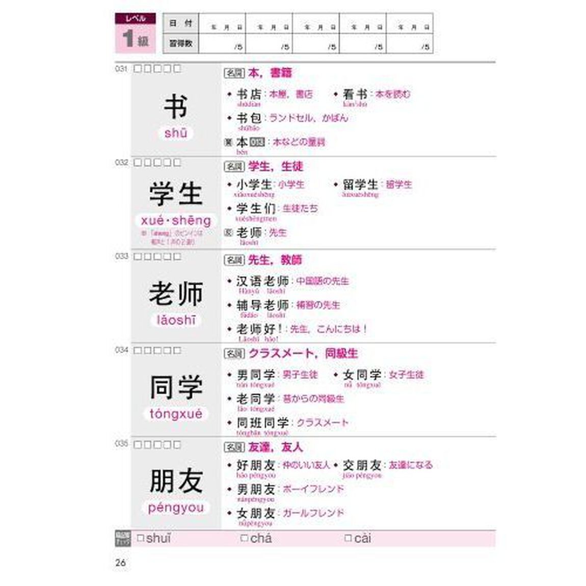 中国語　新ＨＳＫ１・２級　初級単語４００
