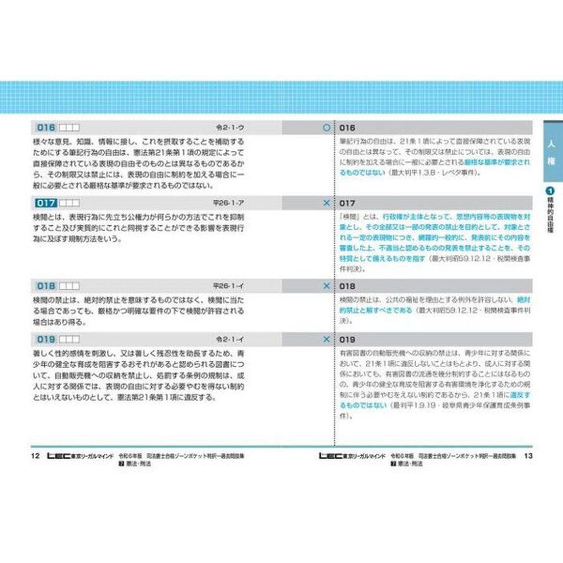司法書士合格ゾーンポケット判択一過去問肢集　令和６年版７「憲法・刑法」