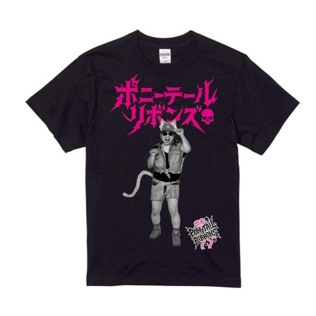 【ポニーテールリボンズ】ちょうど21周年Tシャツ　第2弾『猫ユイチン』 ブラック／ピンク　XLサイズ