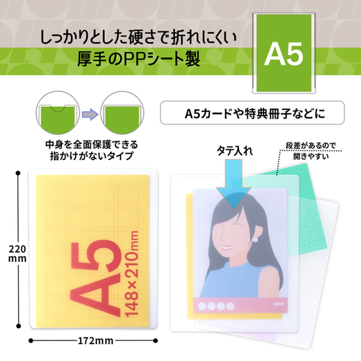 A5カードや特典冊子を傷つけずに持ち運べるしっかりとした硬さのPPカードケース