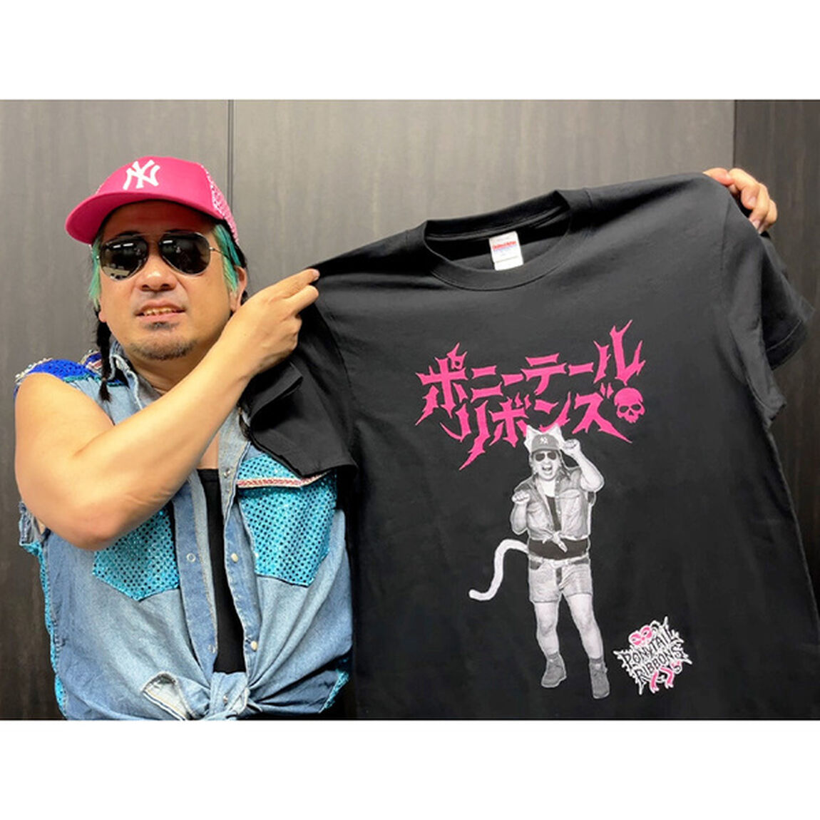 【ポニーテールリボンズ】ちょうど21周年Tシャツ　第2弾『猫ユイチン』 ブラック／ピンク　XXLサイズ