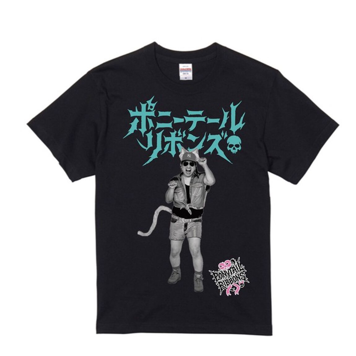 【ポニーテールリボンズ】ちょうど21周年Tシャツ　第2弾『猫ユイチン』 ブラック／グリーン　Lサイズ