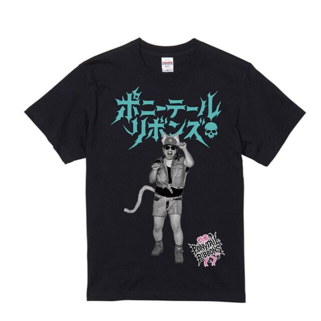 【ポニーテールリボンズ】ちょうど21周年Tシャツ　第2弾『猫ユイチン』 ブラック／グリーン　Lサイズ