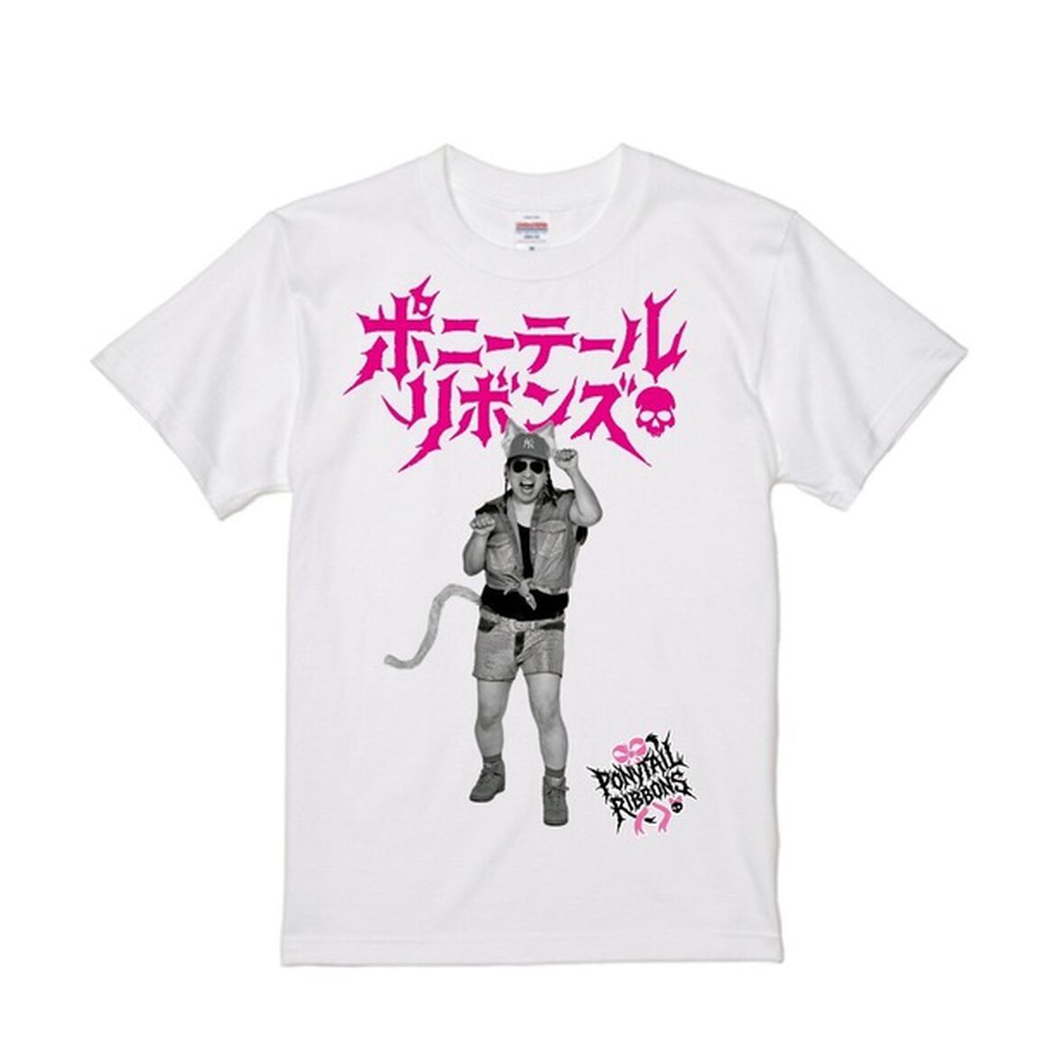 【ポニーテールリボンズ】ちょうど21周年Tシャツ　第2弾『猫ユイチン』 ホワイト／ピンク　XXXLサイズ