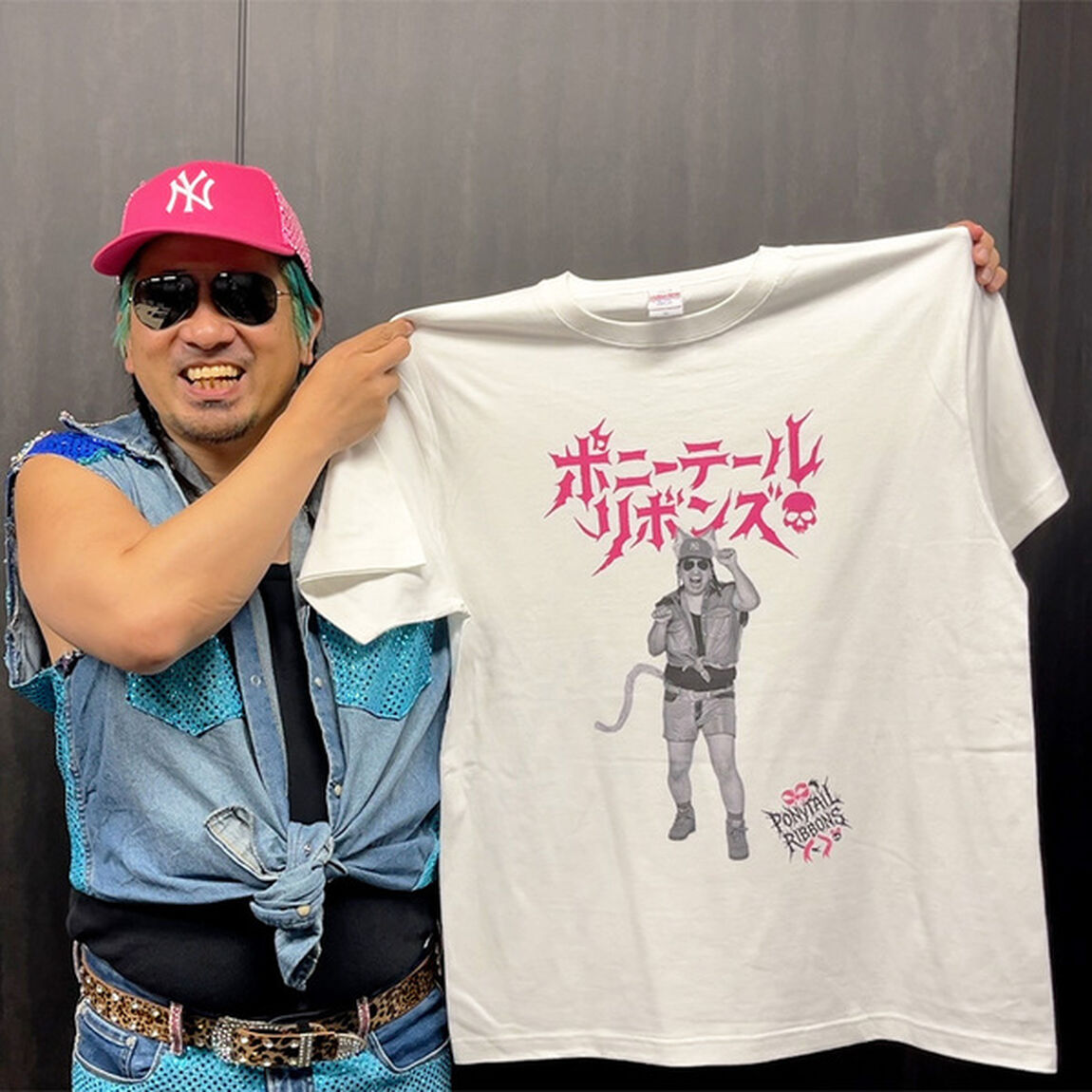 【ポニーテールリボンズ】ちょうど21周年Tシャツ　第2弾『猫ユイチン』 ホワイト／ピンク　Mサイズ